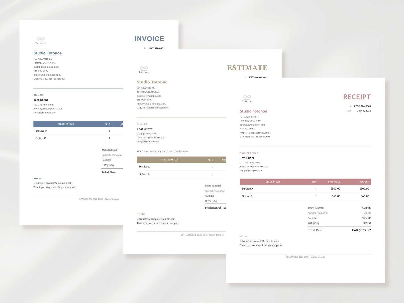 異なるフォントとアクセントカラーで作成したInvoice・Estimate・Receiptのバリエーション